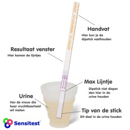 De dipstick tot aan het max-lijntje in de urine dippen
